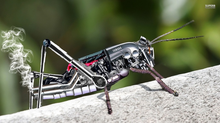 robot, grasshopper, digital art, smoke, Yamaha, insect