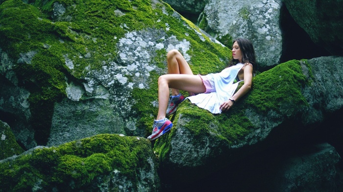 nature, lying down, rock, legs, girl outdoors, girl, moss, brunette