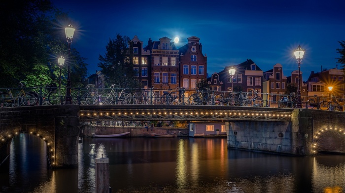 bicycle, urban, evening, lights, water, house, landscape, building, Amsterdam, trees, bridge, moon, lantern, canal, nature