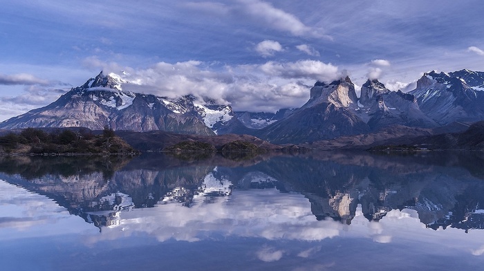 mountain, landscape, trees, reflection, Torres del Paine, Chile, summer, morning, nature, lake, snowy peak, water, clouds, Patagonia