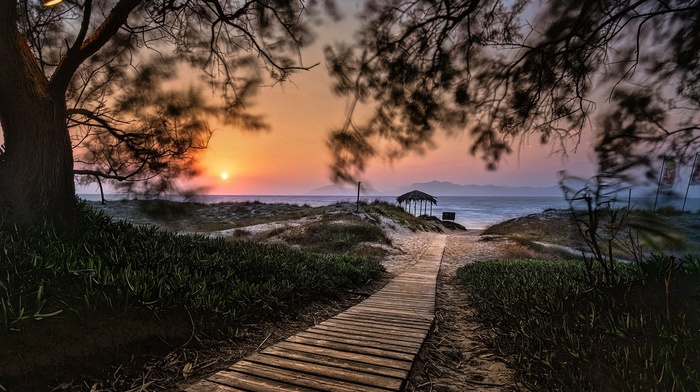 Greece, sand, nature, island, path, shrubs, walkway, sunset, sea, trees, beach, landscape