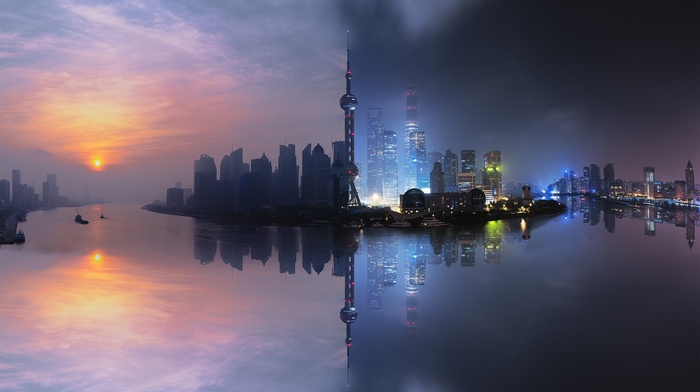 filter, reflection, clouds, photo manipulation, Shanghai, sea, skyscraper, tower, lights, city, China, sunset, cityscape, building