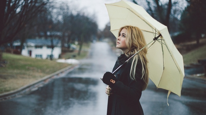 umbrella, blonde, wet, girl, rain