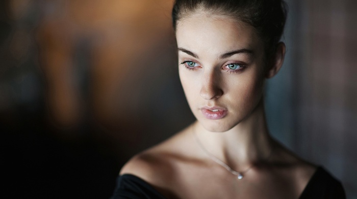 bare shoulders, face, Alla Berger, brunette, blue eyes, girl