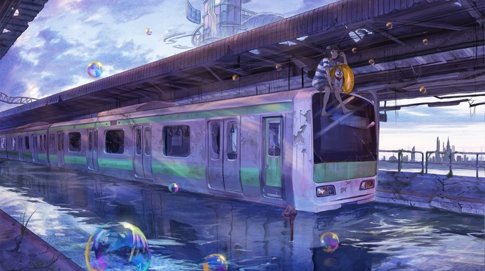 dog, water, anime girls, train, metro, bubbles