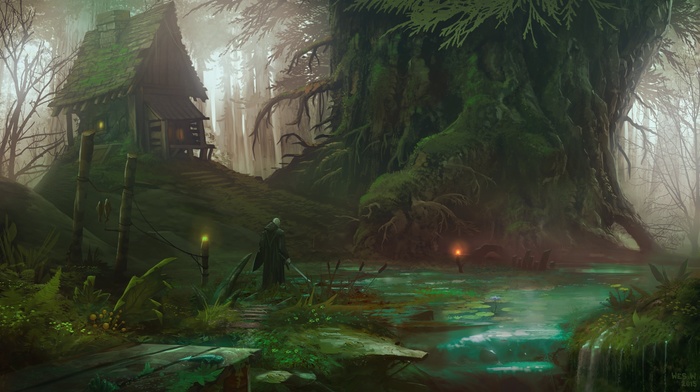 fantasy art, trees, river, sword, forest, artwork, nature, house