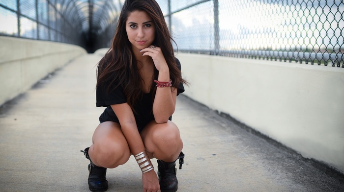 portrait, smiling, squatting, girl, bracelets