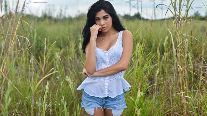 girl outdoors, portrait, girl, jean shorts