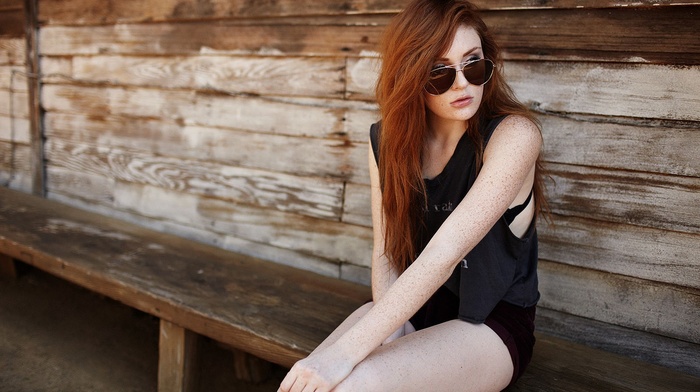 girl with glasses, redhead, sitting, looking away, girl, black clothing