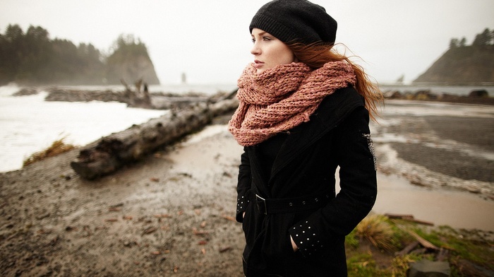 girl, scarf, looking away, redhead