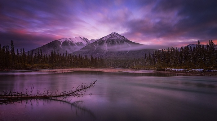 snowy peak, nature, sunrise, calm, mountain, mist, sky, landscape, forest, water, clouds, lake, Canada, banff national park