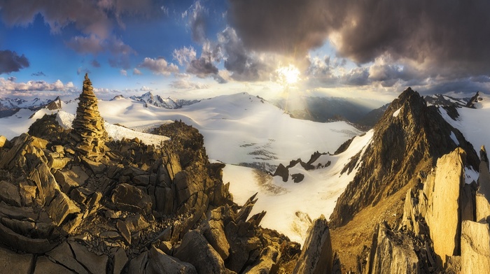 sun rays, nature, landscape, mountain, sunset, snow, horizon, mist, sky, panoramas, clouds, summit