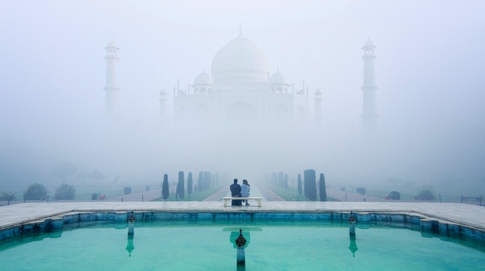 water, landscape, calm, architecture, mist, reflection, garden, bench, temple, pond, India, nature, Taj Mahal