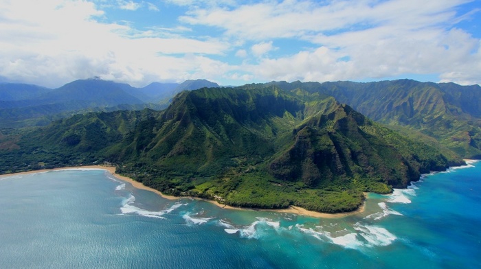 landscape, beach, aerial view, Kauai, clouds, island, mountain, nature, sea