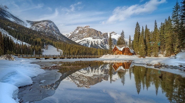 snow, lake, landscape, reflection, cabin, forest, water, sunset, British Columbia, winter, mountain, nature