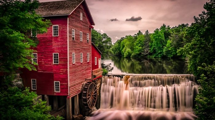 trees, waterfall, lake, mill, clouds, house, old building, architecture, forest, nature, long exposure, landscape, water, building