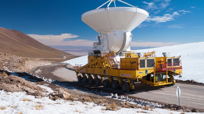 ALMA Observatory, road, snow, vehicle, winter, rock, observatory, wheels, Chile, clouds, telescope, hill, nature