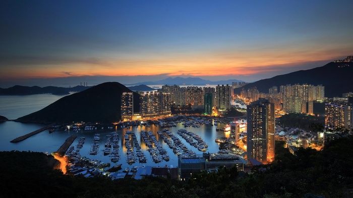 Hong Kong, sunset, mountain, harbor