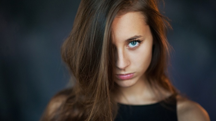 face, Olesya Grimaylo, hair in face, auburn hair, girl, blue eyes