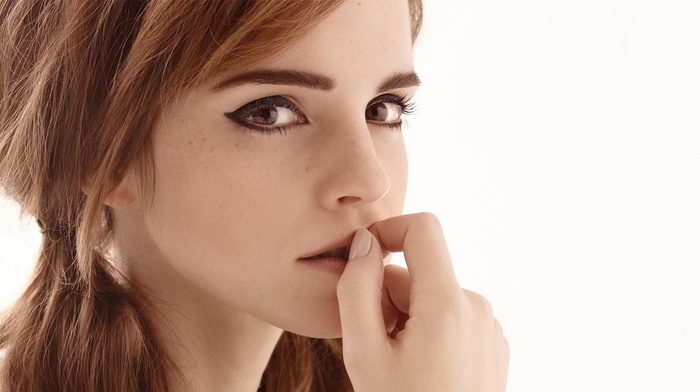 ponytail, face, makeup, finger on lips, freckles, Emma Watson, long hair, portrait, brunette, actress, girl, white background, brown eyes, looking at viewer