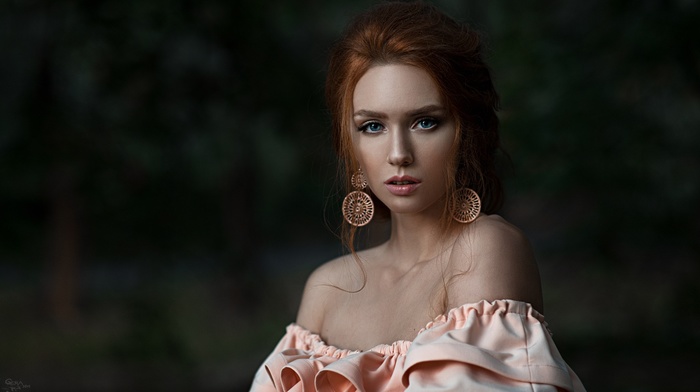 blue eyes, redhead, Georgiy Chernyadyev, girl, bare shoulders, dress, strapless dress, face