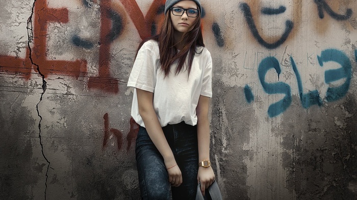 girl, girl with glasses, walls, jeans