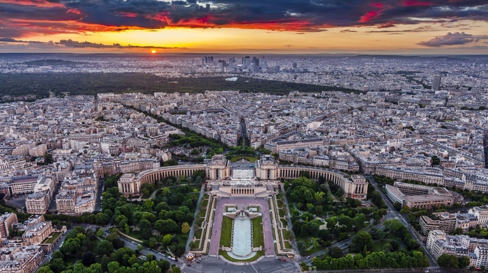 architecture, metropolis, landscape, park, cityscape, Paris, urban, clouds, building, trees, nature, sunset, sky