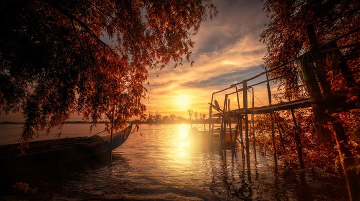 dock, fall, boat, water, landscape, sunset, lake, trees, clouds, Portugal, nature