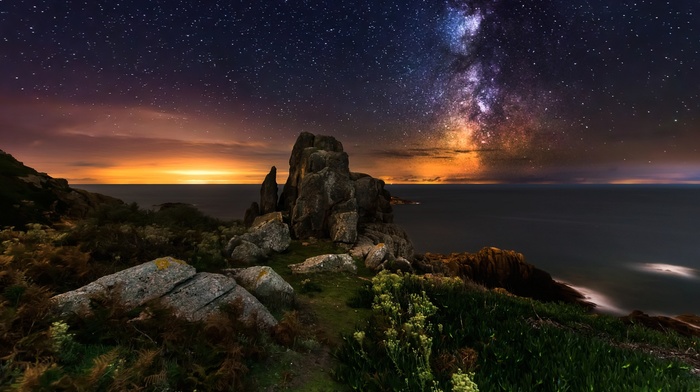 stars, nature, sunrise, Milky Way, wildflowers, coast, galaxy, sea, rock, France, landscape, long exposure