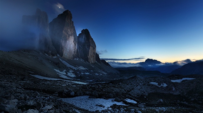 blue, landscape, mist, moon, clouds, Dolomites mountains, Italy, mountain, sunrise, nature