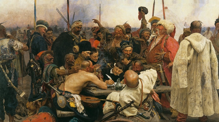 Reply of the Zaporozhian Cossacks to Sul, classic art, llya Repin, cossacs