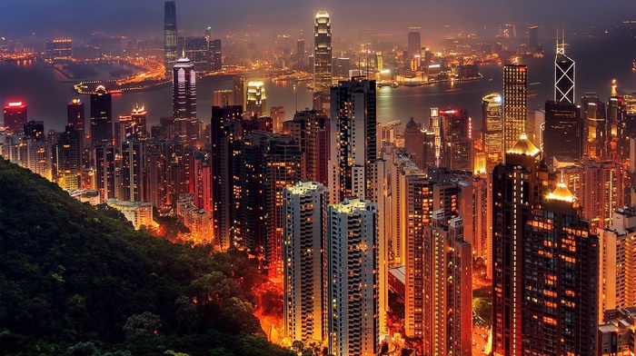 Hong Kong, night, lights, city, skyscraper, cityscape, China