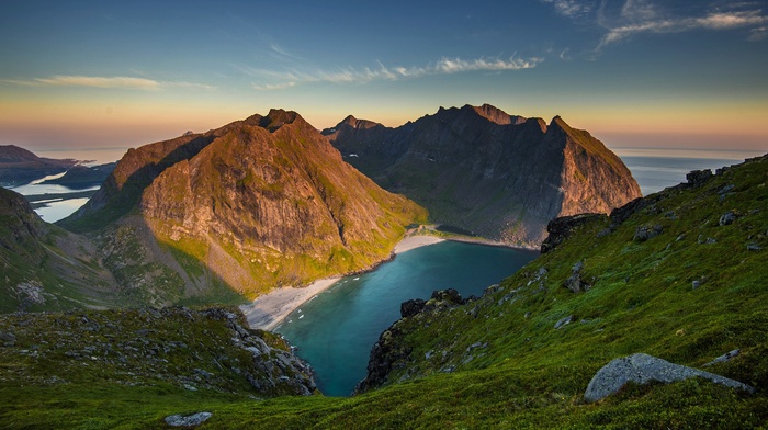 shadow, sky, nature, mountain, coast, Norway, landscape, rock, sea, bay, sunset