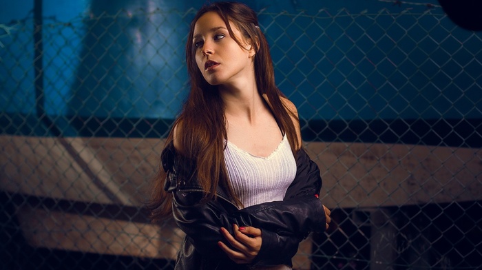 red nails, girl outdoors, open mouth, model, tank top, girl, leather jackets, fence, long hair, looking away, bare shoulders, brunette