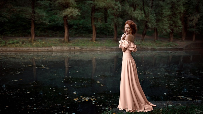 dress, girl outdoors, strapless dress, trees, nature, lake, Georgiy Chernyadyev, redhead, girl
