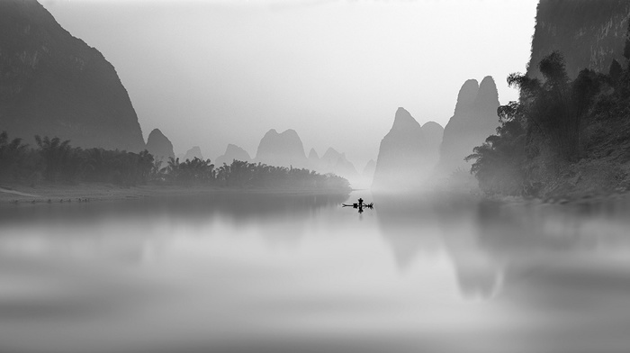 morning, landscape, river, mountain, mist, fisherman, palm trees, monochrome, China, nature