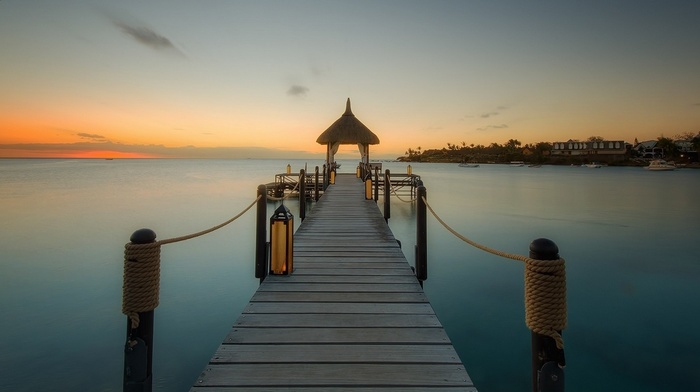landscape, tropical, sunrise, sea, nature, Mauritius, island, beach, dock, walkway