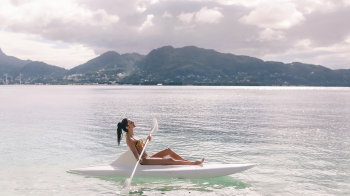 kayaks, Aurela Skandaj, model, bikini, rowing, sea, girl