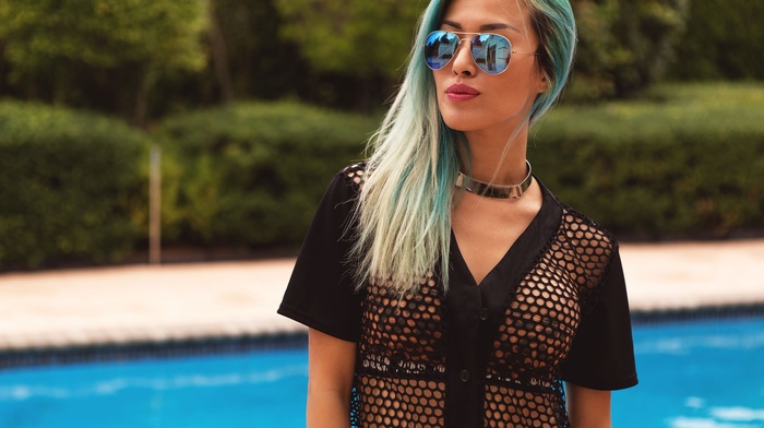 see, through clothing, girl with glasses, portrait, swimming pool, dyed hair