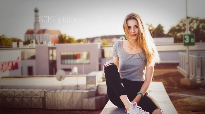 girl, sitting, blonde, pants, portrait, sneakers, skinny