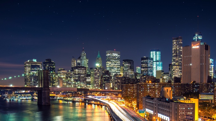 long exposure, Brooklyn Bridge, city, night, lights, New York City, multiple display