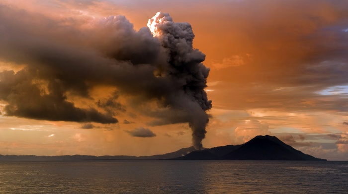 clouds, landscape, sunset, volcano, sea, eruption
