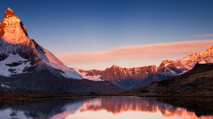sunset, landscape, lake, snow, mountain, nature, Matterhorn, multiple display