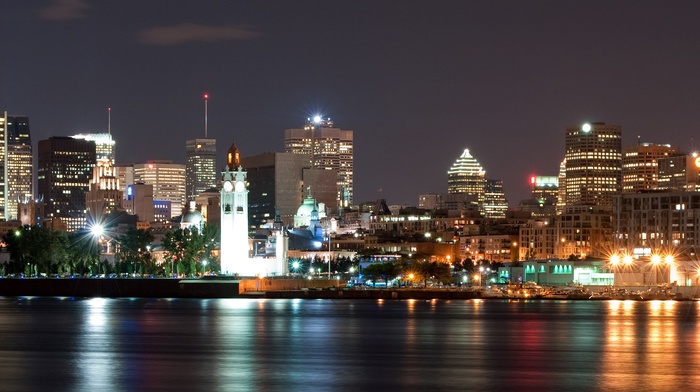 reflection, city, Montreal, night, lights, multiple display, Canada