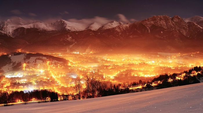 multiple display, lights, valley, landscape, mountain, Poland, winter, glowing, night