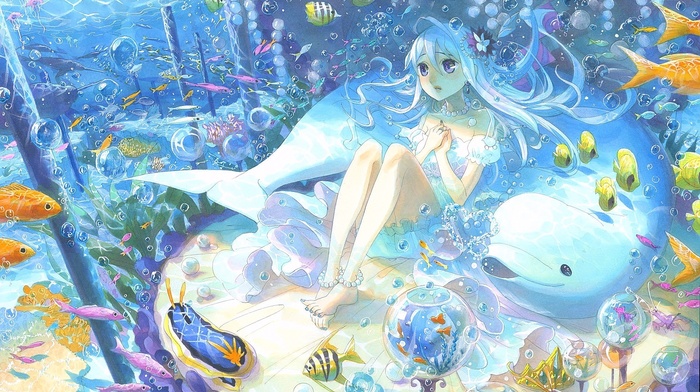 anime girls, underwater, sea