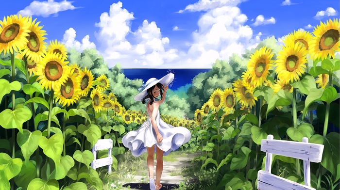 original characters, sunflowers, anime girls