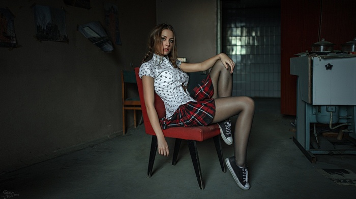 ponytail, black stockings, sitting, Georgiy Chernyadyev, Kseniya, sneakers, skirt, chair