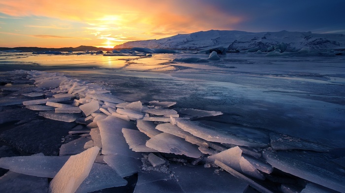 sunset, Iceland, mountain, glaciers, frozen lake, reflection, clouds, winter, ice, water, snow, nature, iceberg, landscape