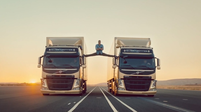 road, trucks, arms on chest, splits, danger, Sun, men, arms crossed, Jean, Claude Van Damme, hill, commercial, stretching, Volvo, actor